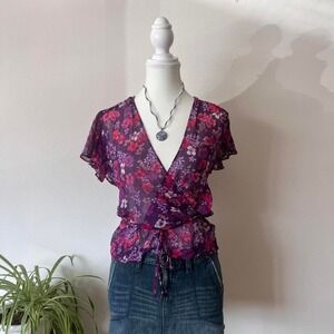 Vintage Express Silk Floral Mesh Blouse Womens Sz 13/14 Purple Layering Fairy